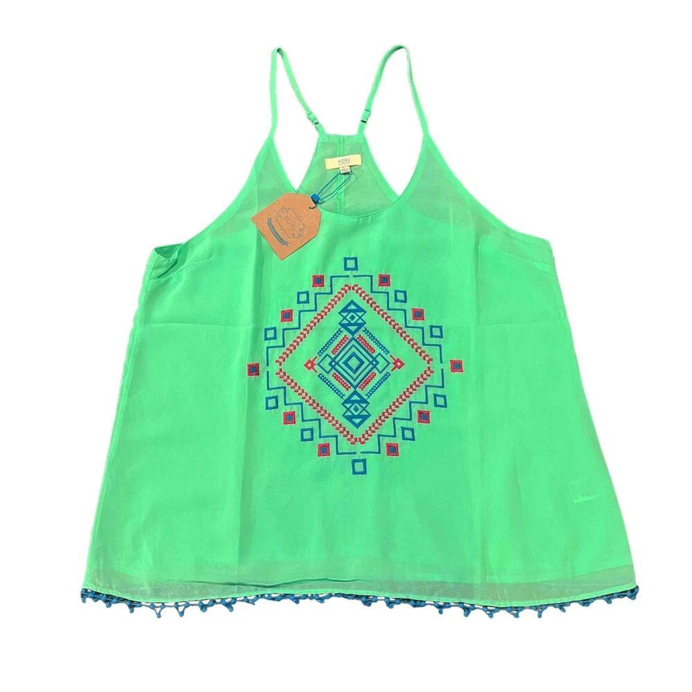 NWT‎ KORI America Tank Top Womens Large Bright Green Racerback Boho Tassel Hem - Picture 2 of 4